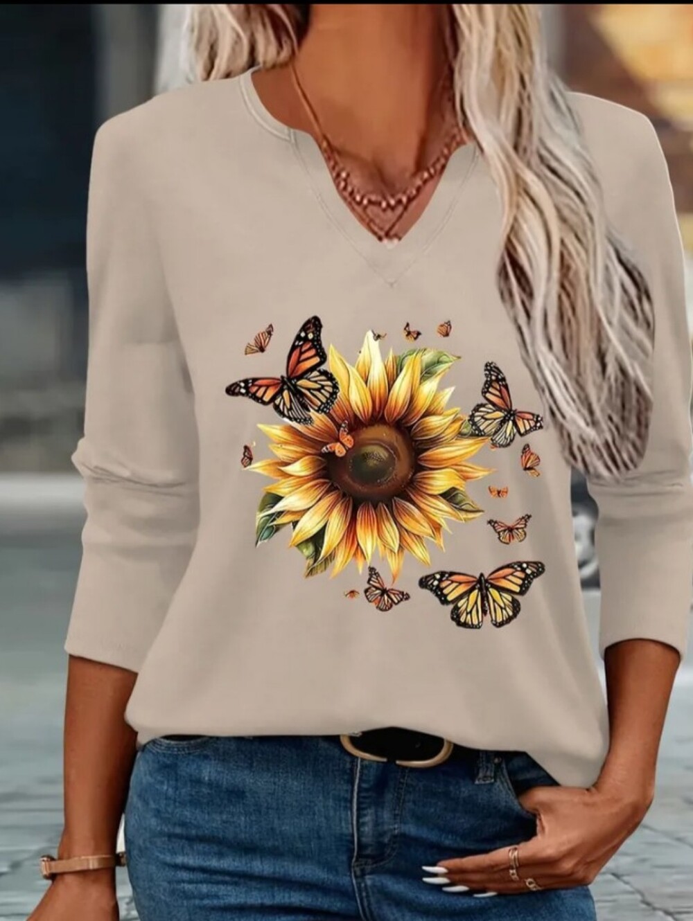 Sunflower & Monarch Butterfly V-Neck Women's Top - Beige